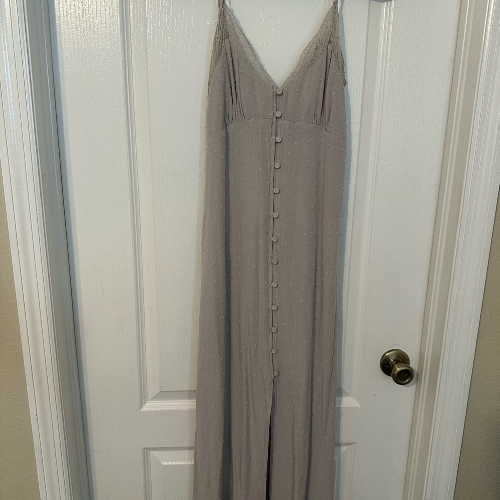 Lovestitch Lace Trim Maxi Dress Gray Swiss Dot Button Front - Picture 2 of 6